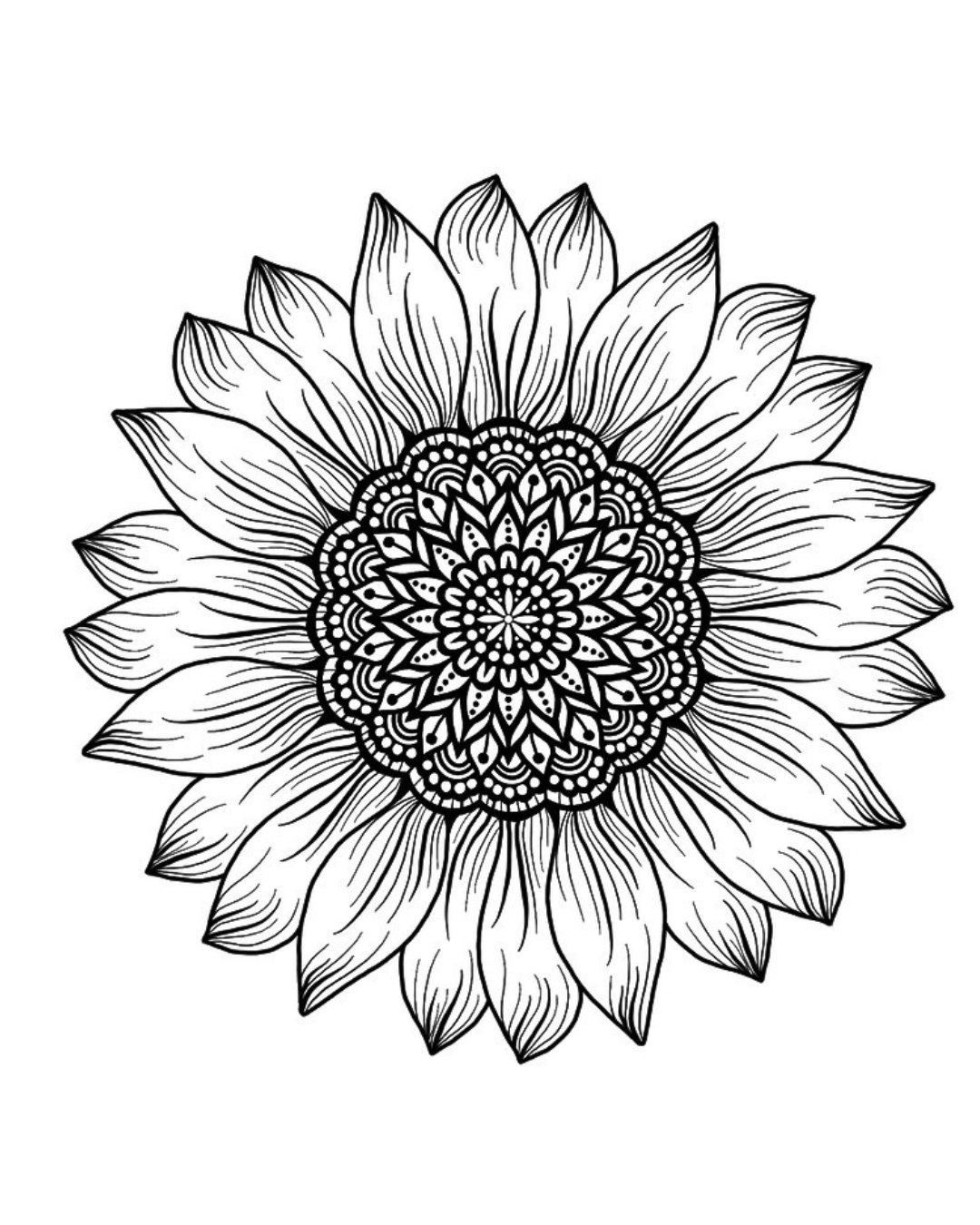 Hand drawn mandala by Maya Ushikubo, a black and white sunflower