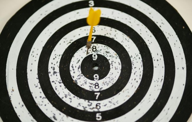 Black and white darts board with a dart in the middle of the target